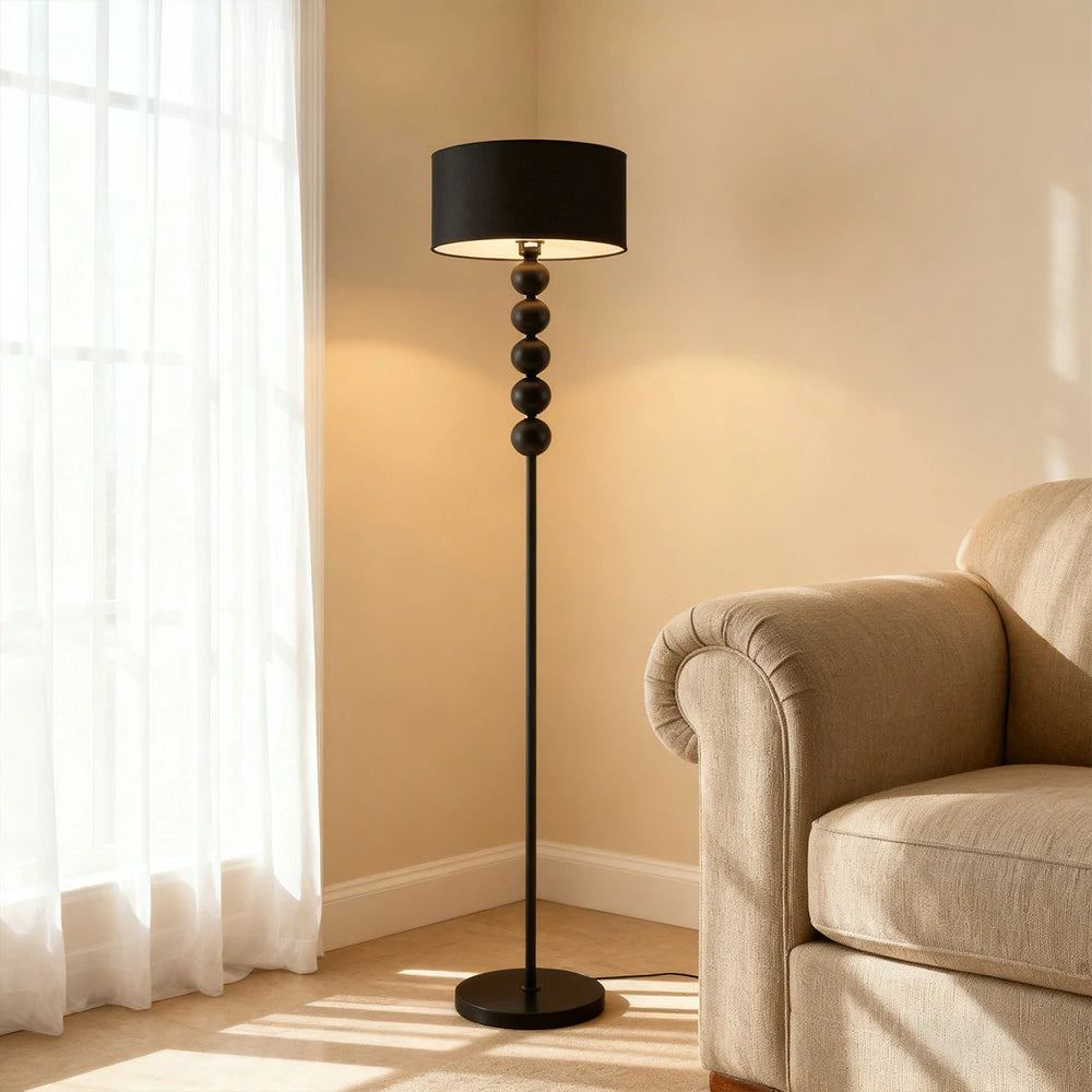 LIVARA 5W/7W/12W Floor Lamp with Full-Spectrum Eye-Protection Light, Fabric Shade, Three-Color Dimmable E27 Bulb & Black Iron Base - Black