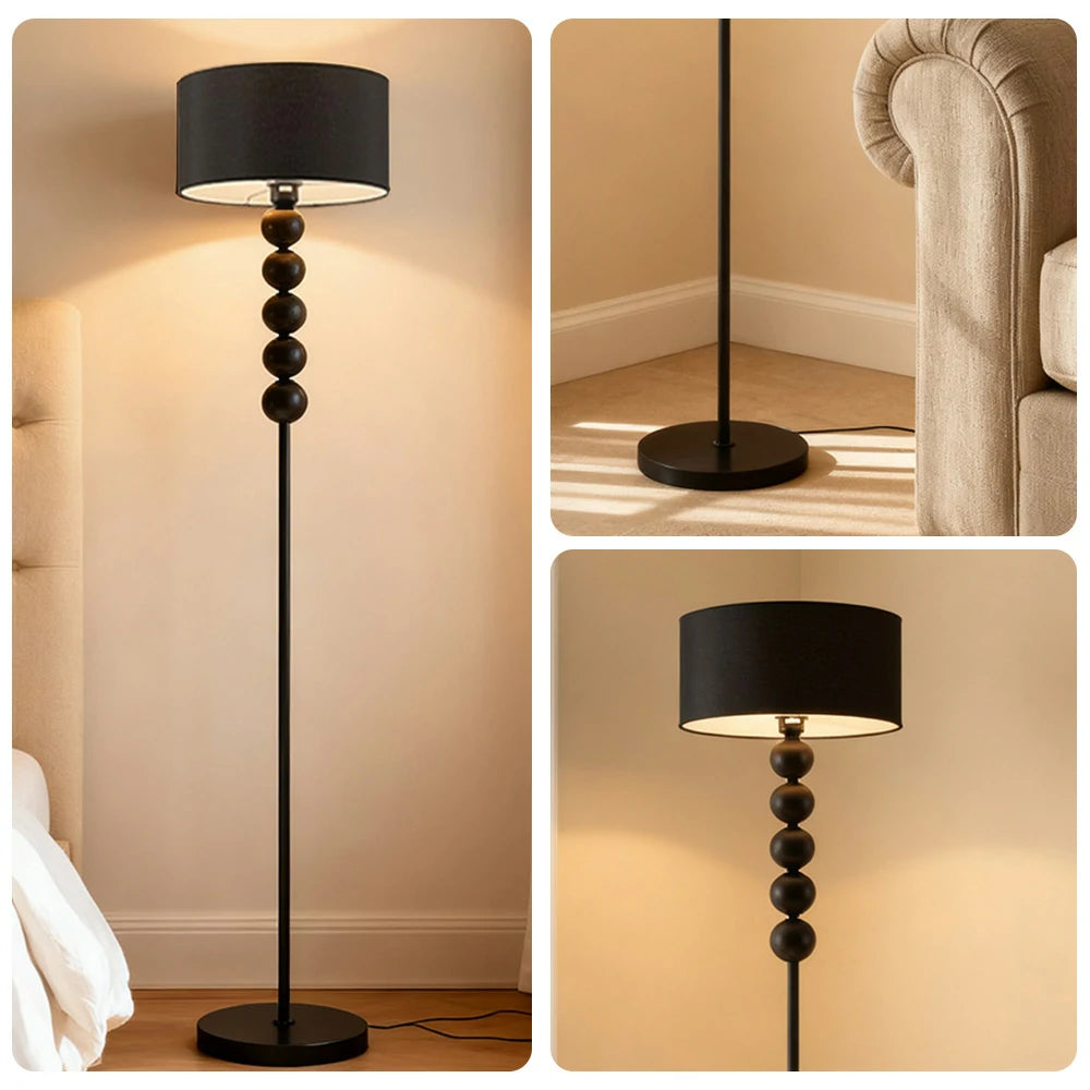 LIVARA 5W/7W/12W Floor Lamp with Full-Spectrum Eye-Protection Light, Fabric Shade, Three-Color Dimmable E27 Bulb & Black Iron Base - Black