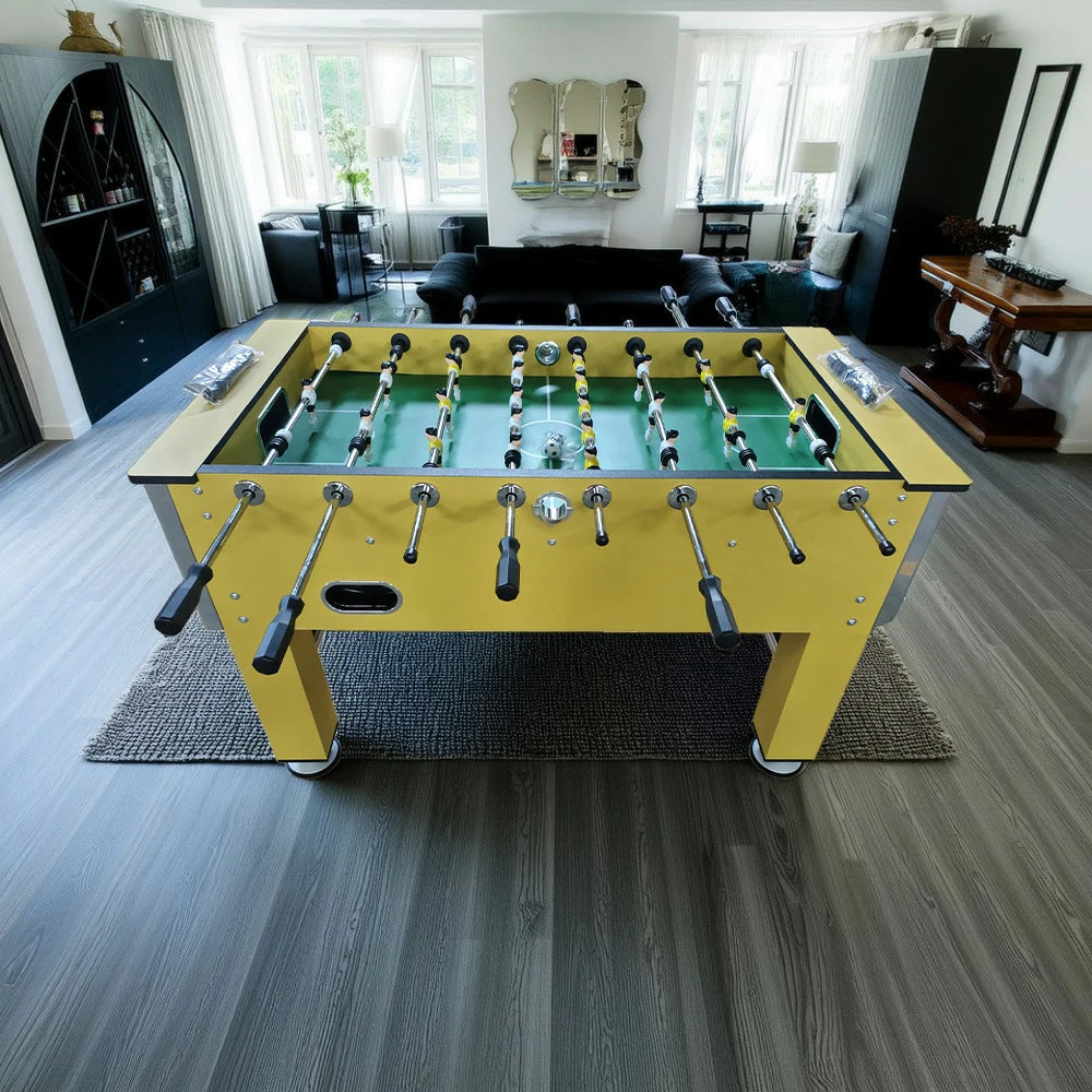 KICKSY 5FT Hollow Rod Foosball Table, MDF Wood Grain Finish with Chrome Steel Bars, Side Cup Holder, Smooth Playfield, Indoor Soccer Game Table - Yellow