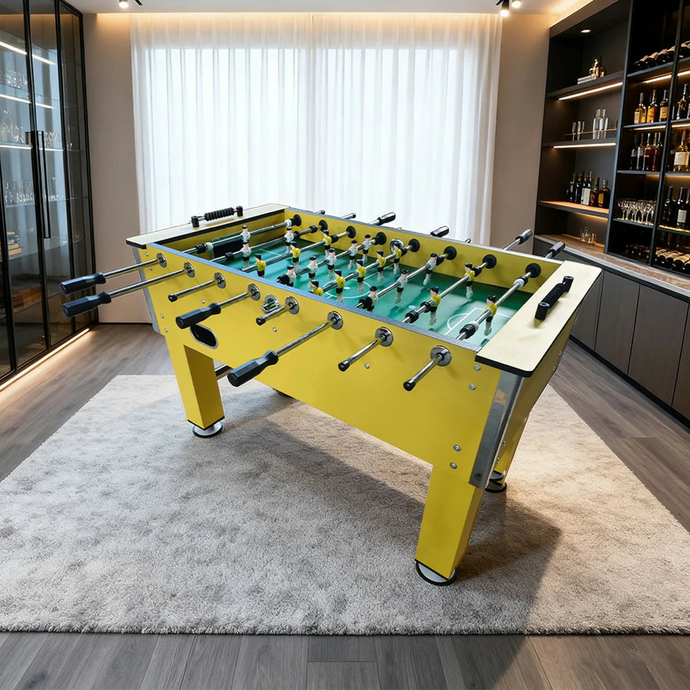 KICKSY 5FT Solid Rod Foosball Table, MDF Wood Grain Finish with Chrome Steel Bars, Side Cup Holder, Smooth Playfield, Indoor Soccer Game Table - Yellow