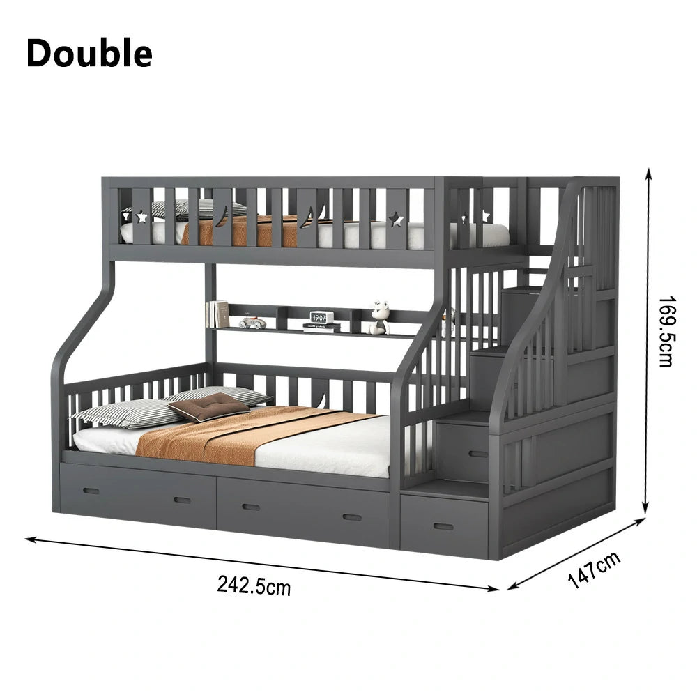LIVARA CF02 Cozy Crest Bunk Bed Solid Pine Timber Safety Rails Big Storage - Grey