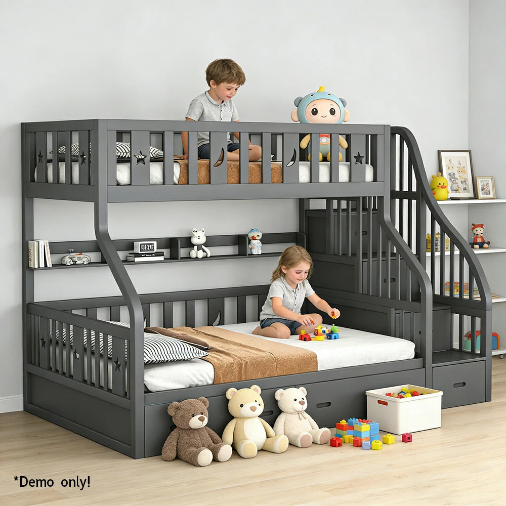 LIVARA CF02 Cozy Crest Bunk Bed Solid Pine Timber Safety Rails Big Storage - Grey