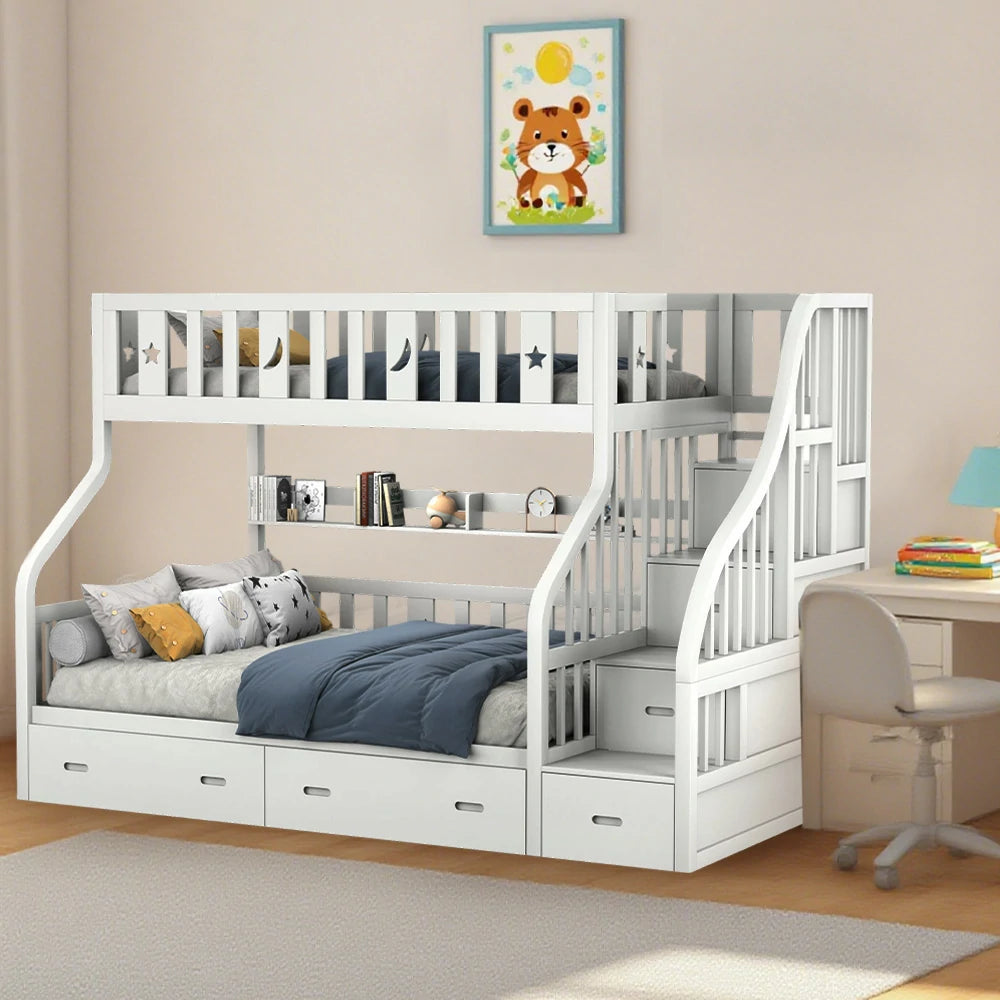 LIVARA CF02 Cozy Crest Bunk Bed Solid Pine Timber Safety Rails Big Storage - White