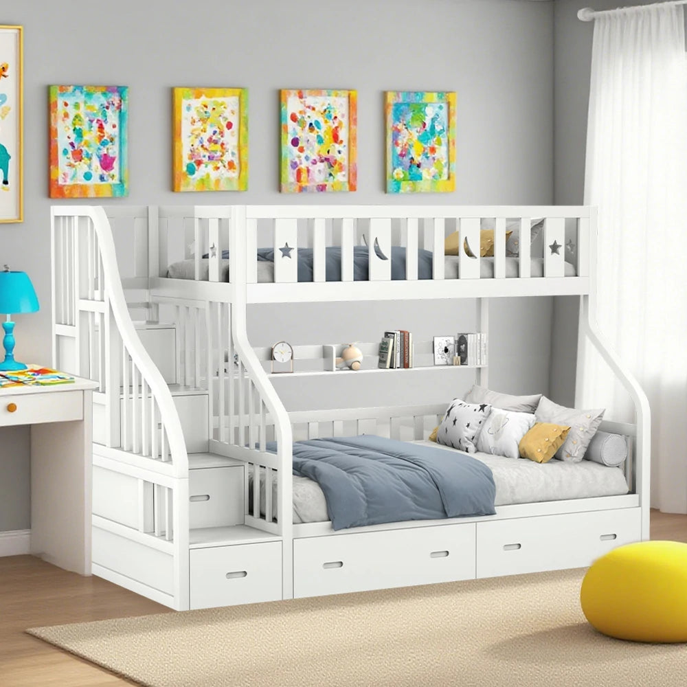 LIVARA CF02 Cozy Crest Bunk Bed Solid Pine Timber Safety Rails Big Storage - White