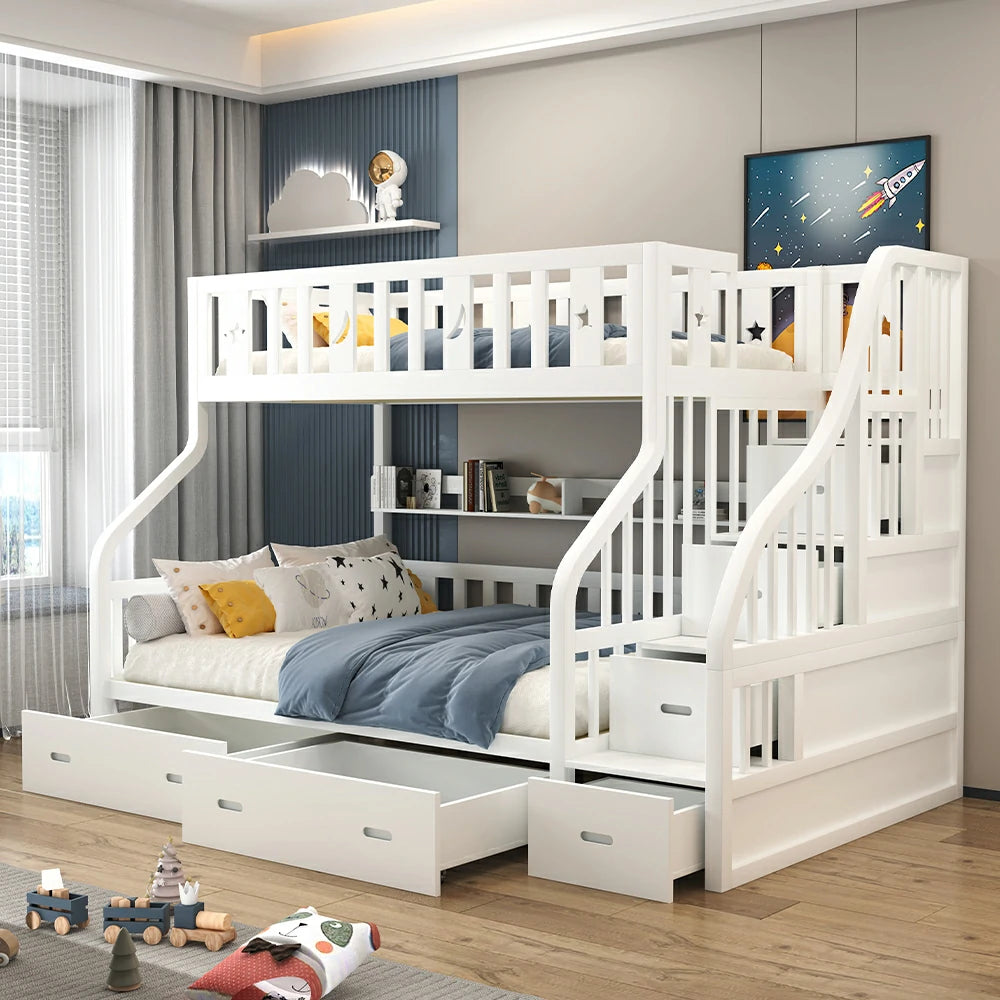 LIVARA CF02 Cozy Crest Bunk Bed Solid Pine Timber Safety Rails Big Storage - White