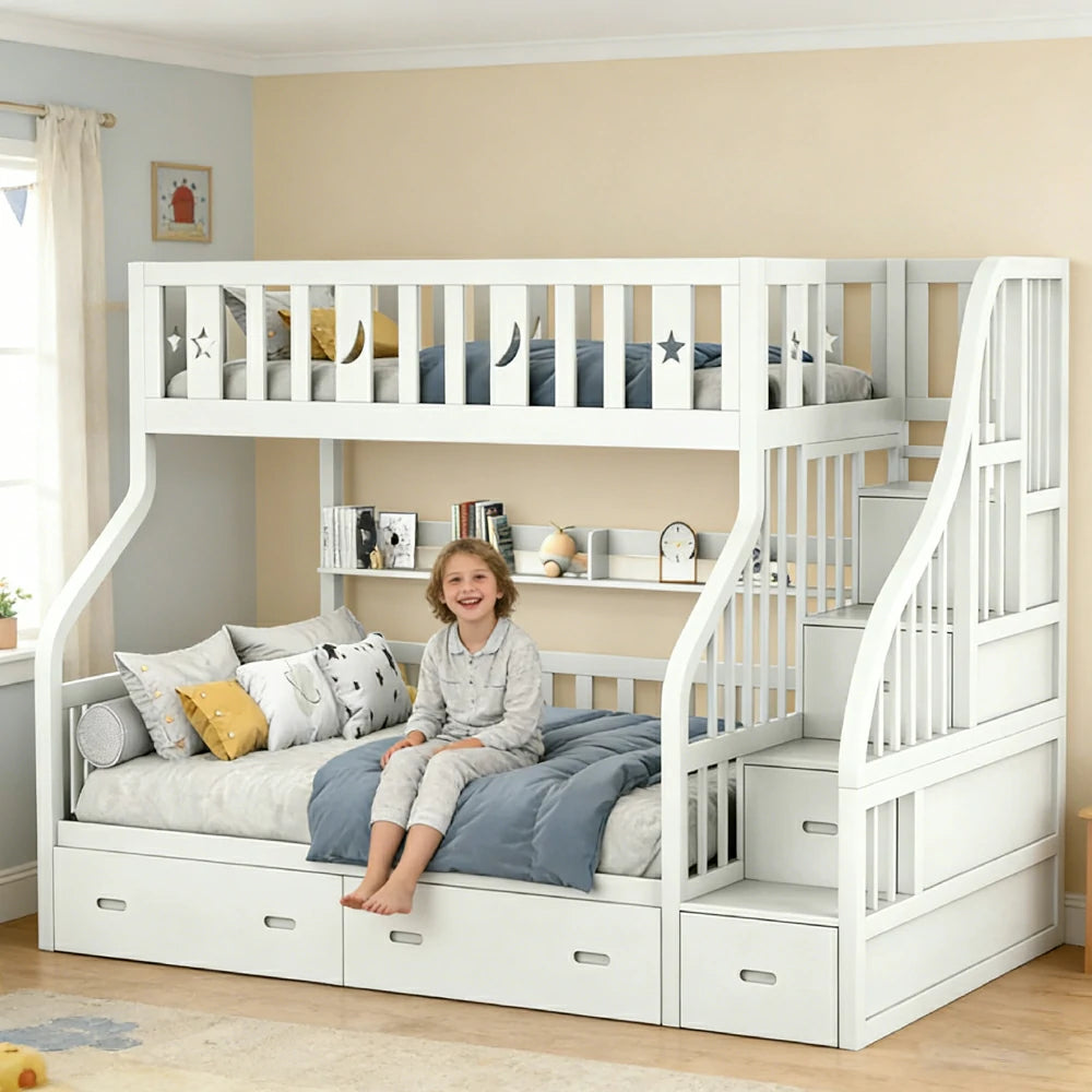 LIVARA CF02 Cozy Crest Bunk Bed Solid Pine Timber Safety Rails Big Storage - White