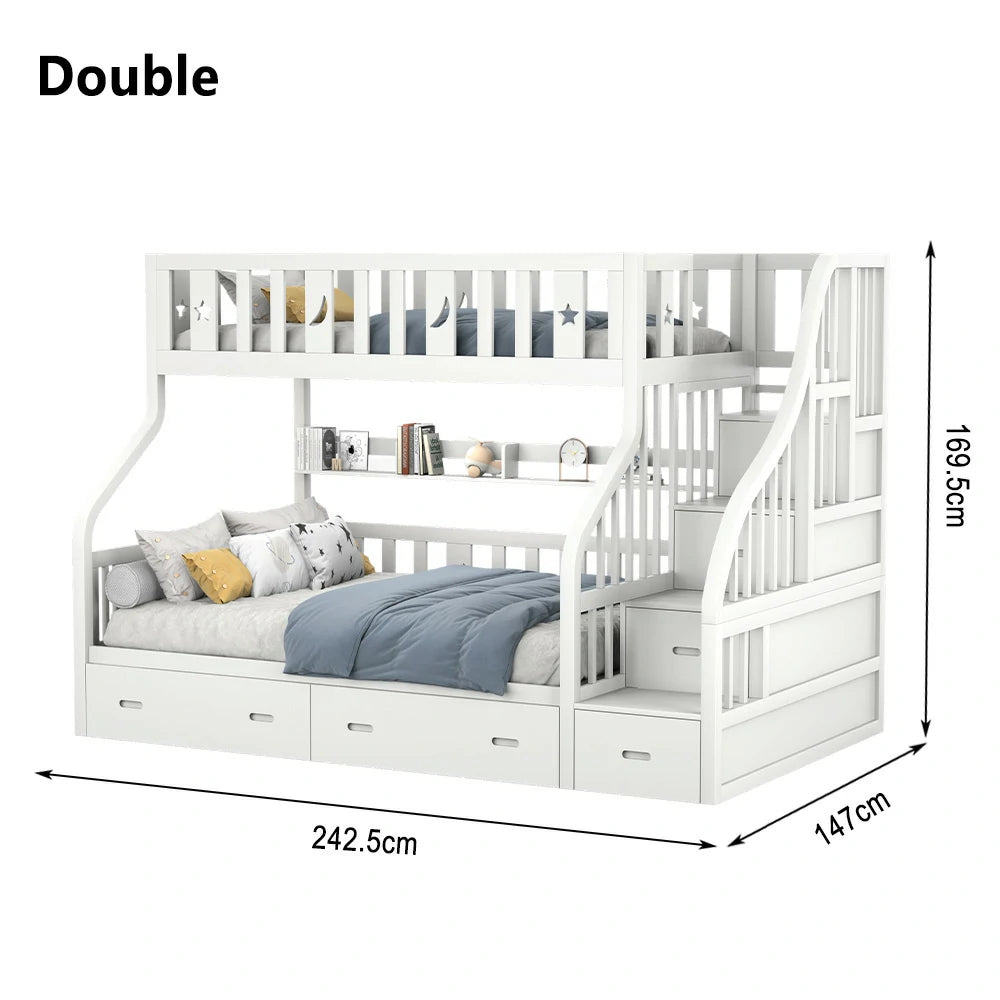 LIVARA CF02 Cozy Crest Bunk Bed Solid Pine Timber Safety Rails Big Storage - White