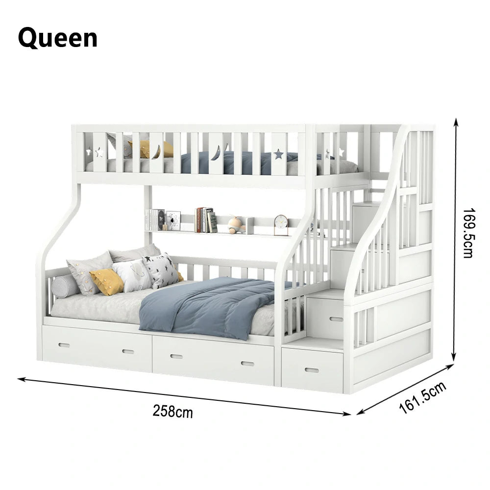 LIVARA CF02 Cozy Crest Bunk Bed Solid Pine Timber Safety Rails Big Storage - White