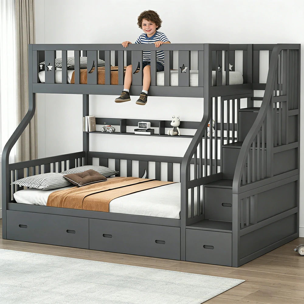 LIVARA CF02 Cozy Crest Bunk Bed Solid Pine Timber Safety Rails Big Storage - Grey