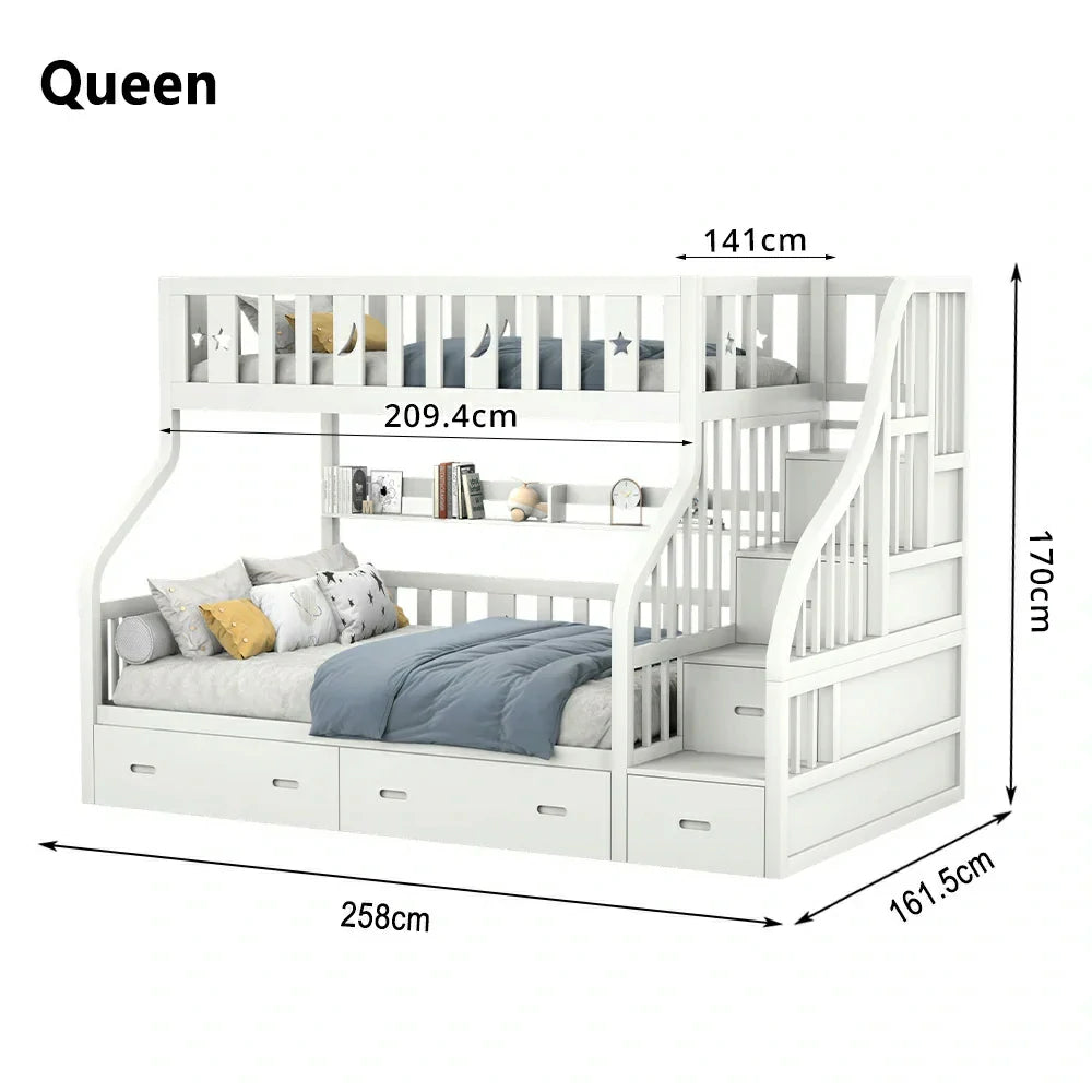 LIVARA CF02 Cozy Crest Bunk Bed Solid Pine Timber Safety Rails Big Storage - White