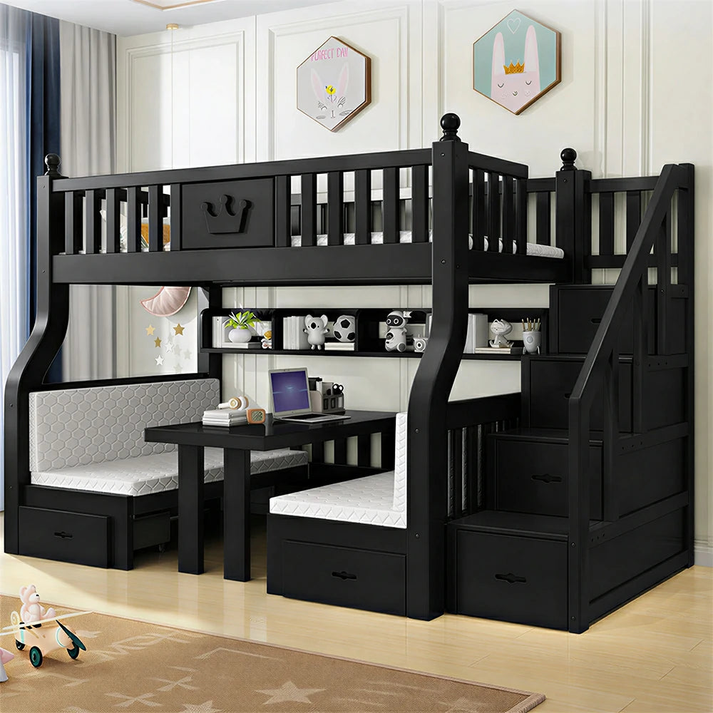 LIVARA 1.5m Solid Wood Bunk Bed - Storage Staircase, Study Desk, Single Upper Bed, Kids Bedroom - Black