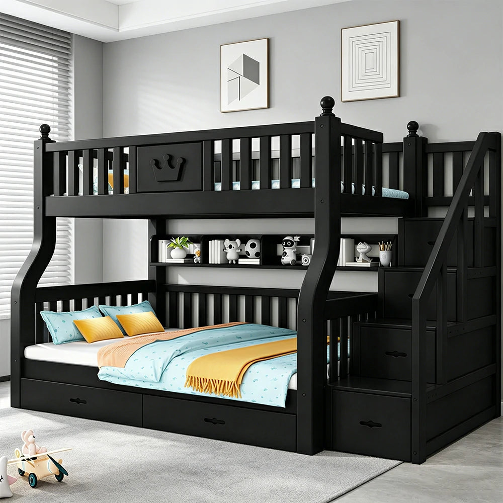 LIVARA 1.5m Solid Wood Bunk Bed - Storage Staircase, Study Desk, Single Upper Bed, Kids Bedroom - Black