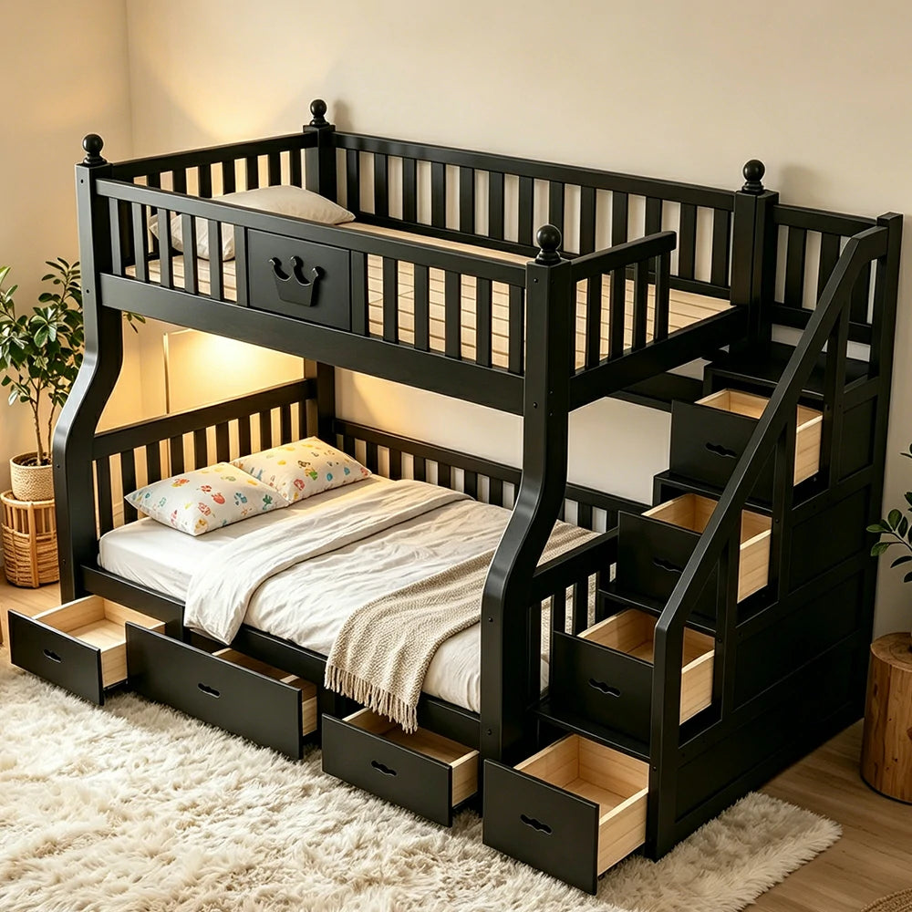 LIVARA 1.5m Solid Wood Bunk Bed - Storage Staircase, Study Desk, Single Upper Bed, Kids Bedroom - Black