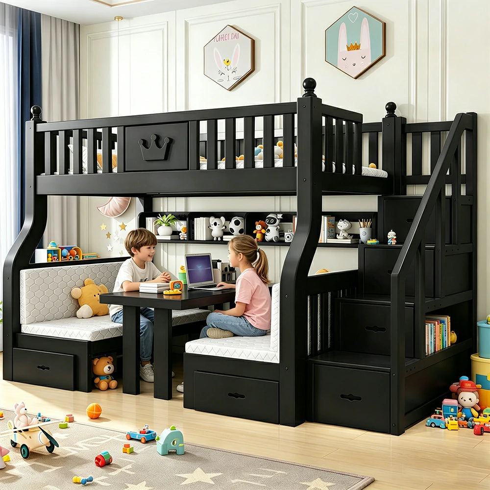LIVARA 1.5m Solid Wood Bunk Bed - Storage Staircase, Study Desk, Single Upper Bed, Kids Bedroom - Black