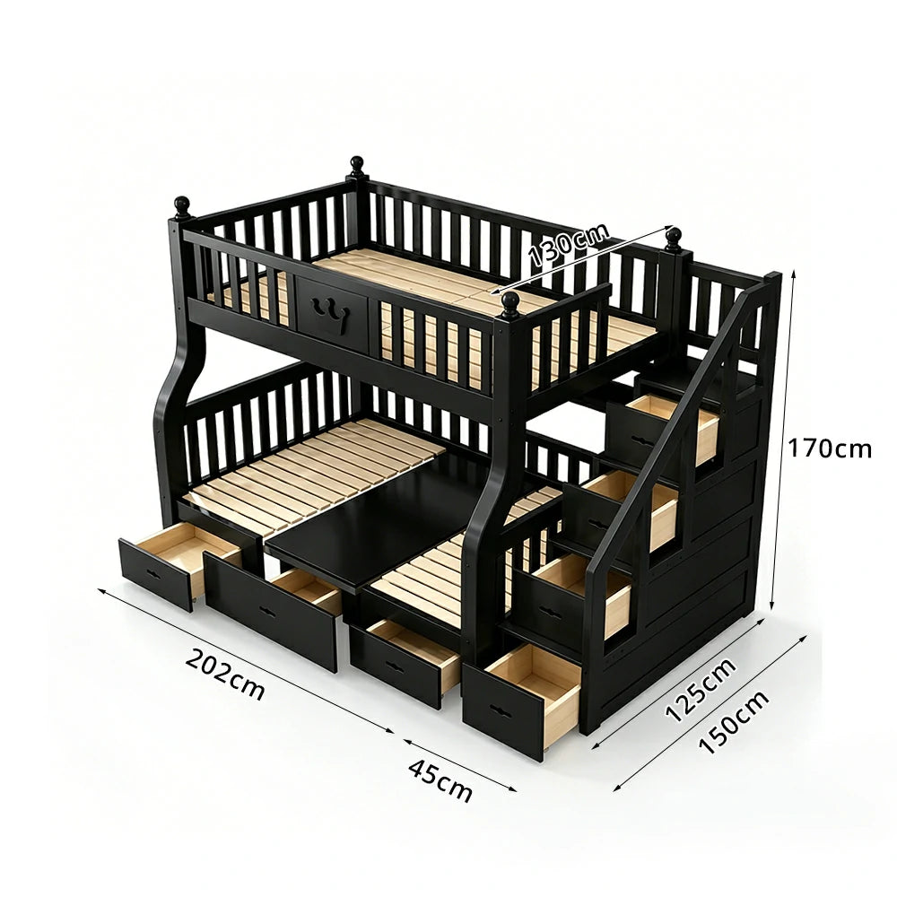 LIVARA 1.5m Solid Wood Bunk Bed - Storage Staircase, Study Desk, Single Upper Bed, Kids Bedroom - Black