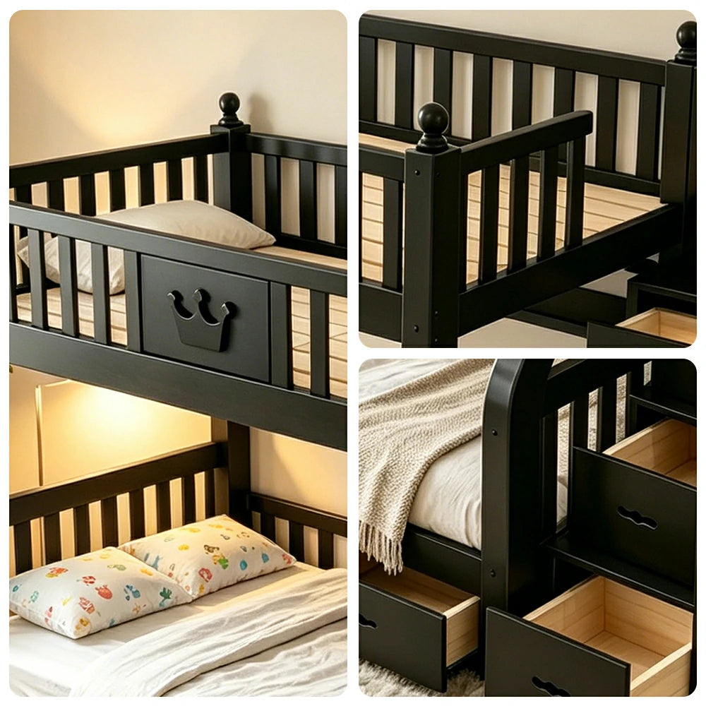 LIVARA 1.5m Solid Wood Bunk Bed - Storage Staircase, Study Desk, Single Upper Bed, Kids Bedroom - Black