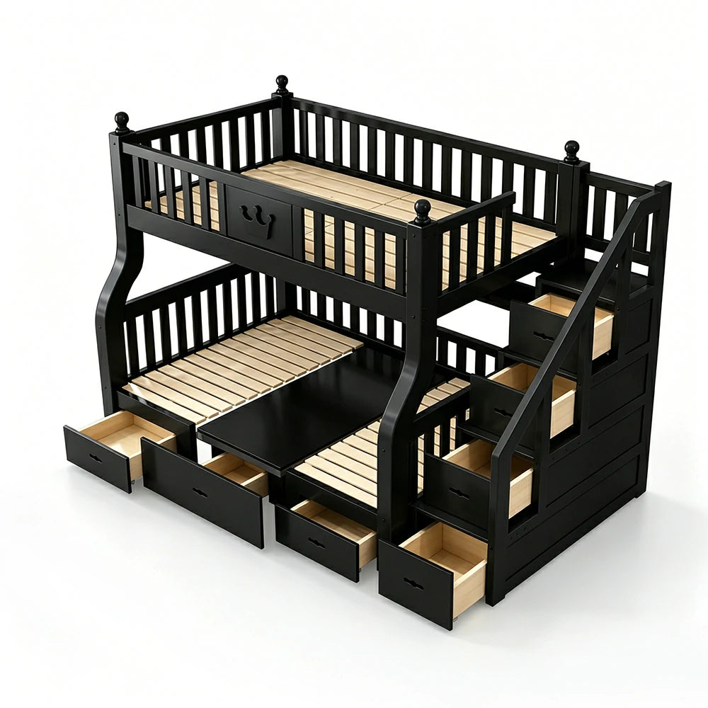 LIVARA 1.5m Solid Wood Bunk Bed - Storage Staircase, Study Desk, Single Upper Bed, Kids Bedroom - Black