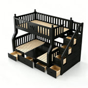 LIVARA 1.5m Solid Wood Bunk Bed - Storage Staircase, Study Desk, Single Upper Bed, Kids Bedroom - Black