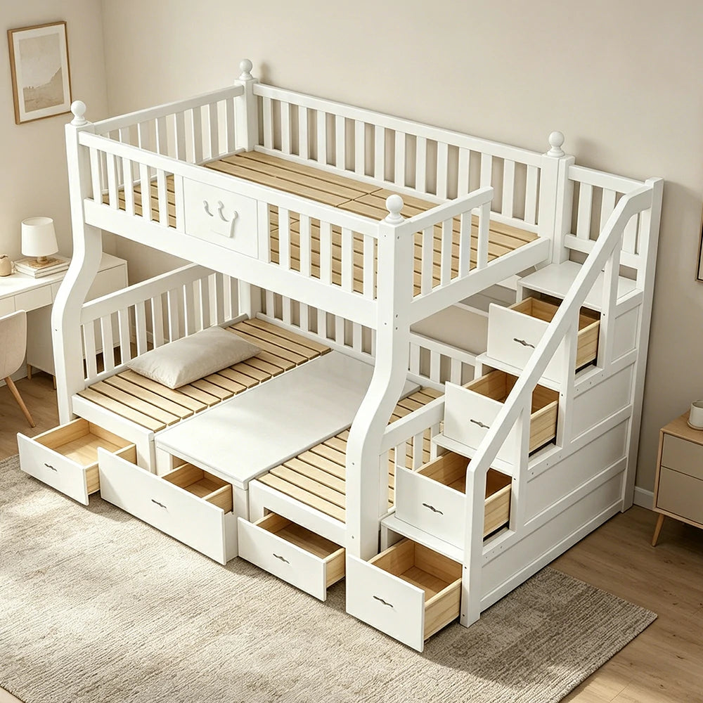 LIVARA 1.5m Solid Wood Bunk Bed - Storage Staircase, Study Desk, Single Upper Bed, Kids Bedroom - White