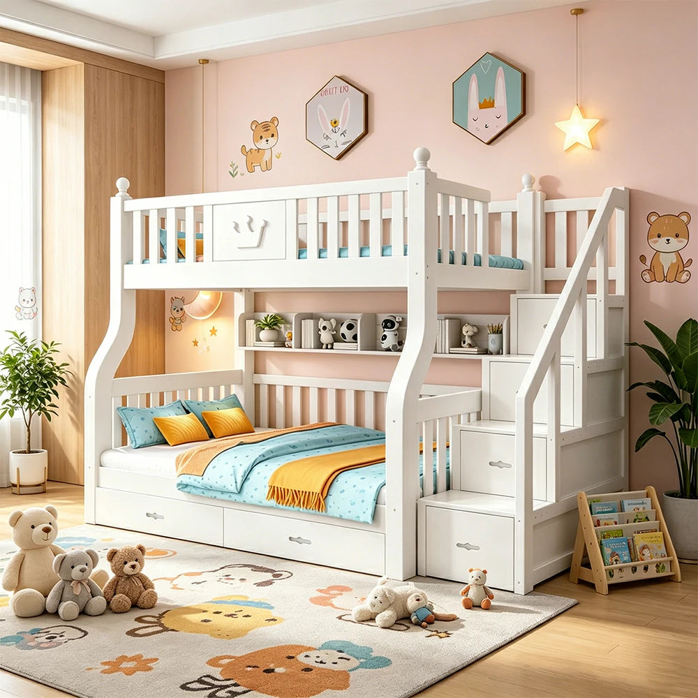 LIVARA 1.5m Solid Wood Bunk Bed - Storage Staircase, Study Desk, Single Upper Bed, Kids Bedroom - White