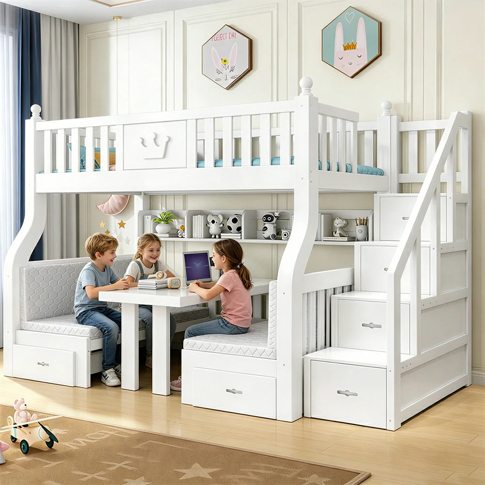 LIVARA 1.5m Solid Wood Bunk Bed - Storage Staircase, Study Desk, Single Upper Bed, Kids Bedroom - White