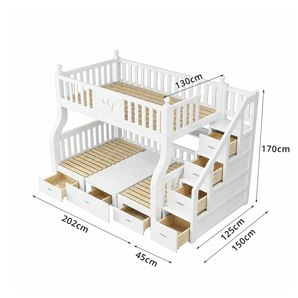 LIVARA 1.5m Solid Wood Bunk Bed - Storage Staircase, Study Desk, Single Upper Bed, Kids Bedroom - White
