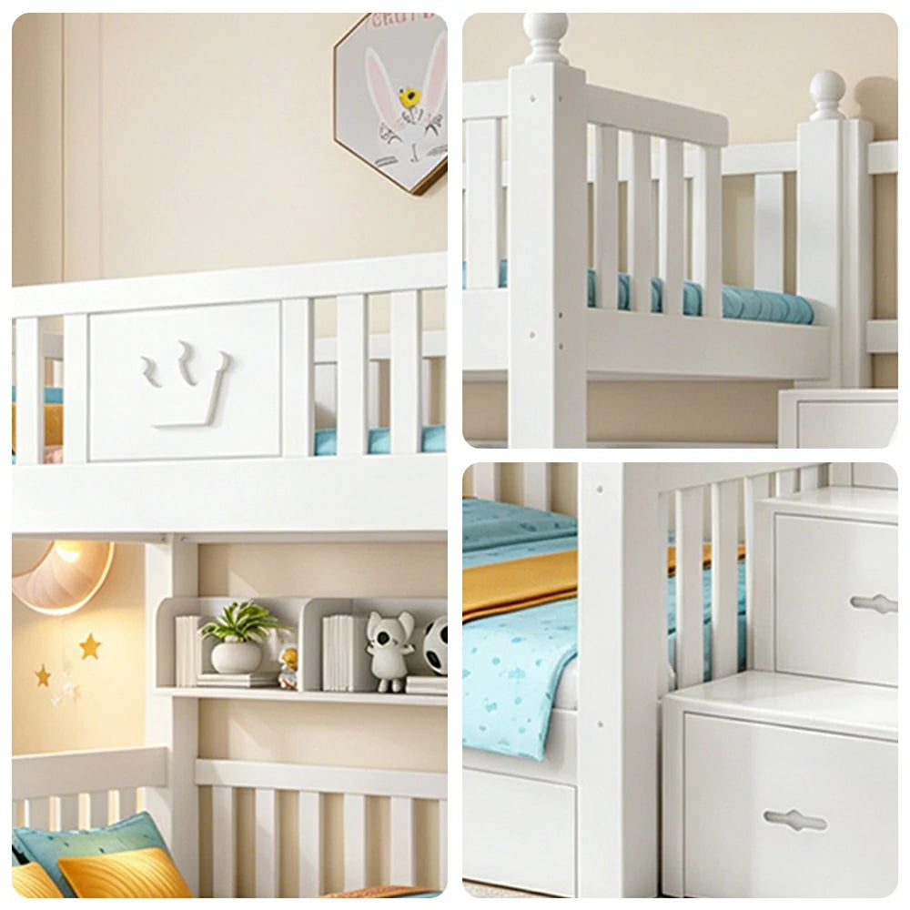 LIVARA 1.5m Solid Wood Bunk Bed - Storage Staircase, Study Desk, Single Upper Bed, Kids Bedroom - White