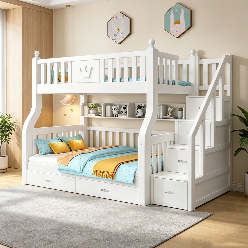 LIVARA 1.5m Solid Wood Bunk Bed - Storage Staircase, Study Desk, Single Upper Bed, Kids Bedroom - White