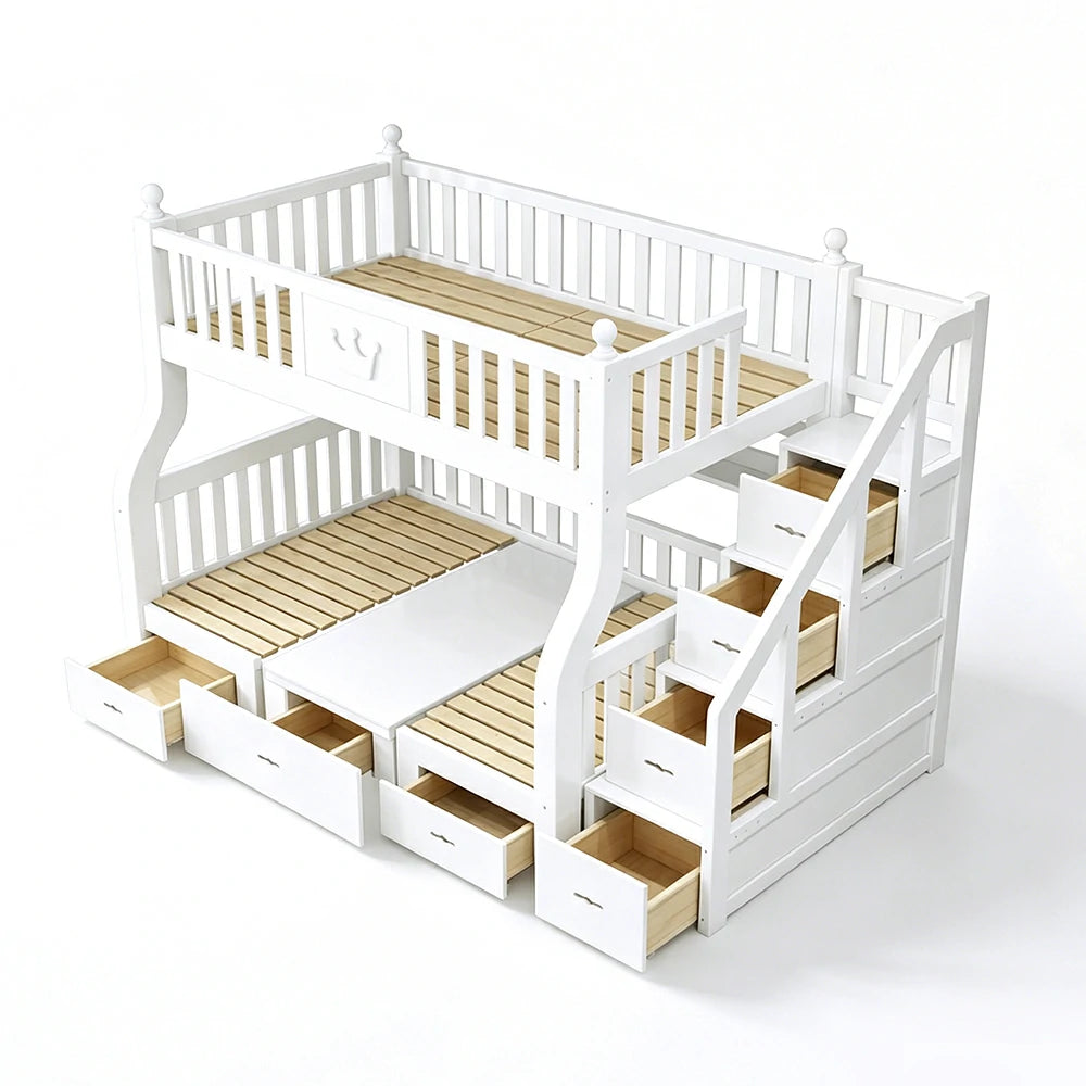 LIVARA 1.5m Solid Wood Bunk Bed - Storage Staircase, Study Desk, Single Upper Bed, Kids Bedroom - White