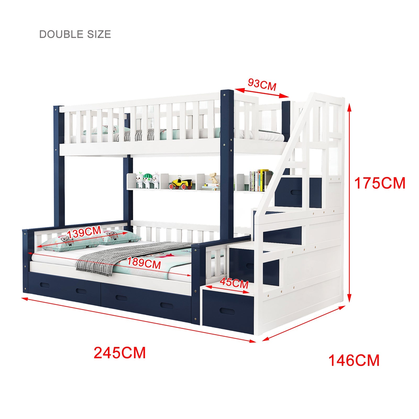 LIVARA ACSF01 Bunk Bed Frame Solid Pine Timber Safety Rails Big Storage
