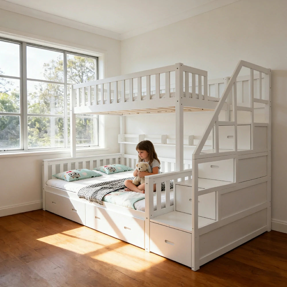 LIVARA Bunk Bed Frame Solid Pine Timber - Safety Rails Space Saving Big Storage Design (ACSF01)