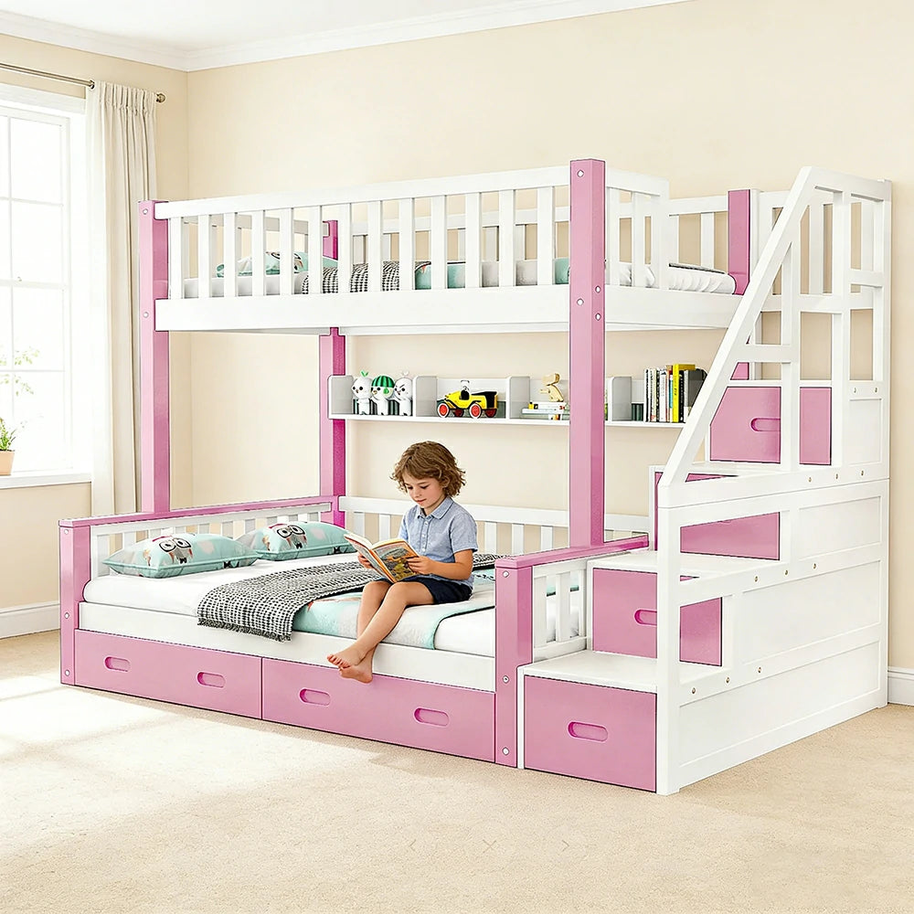 LIVARA Bunk Bed Frame Solid Pine Timber - Safety Rails Space Saving Big Storage Design (ACSF01)
