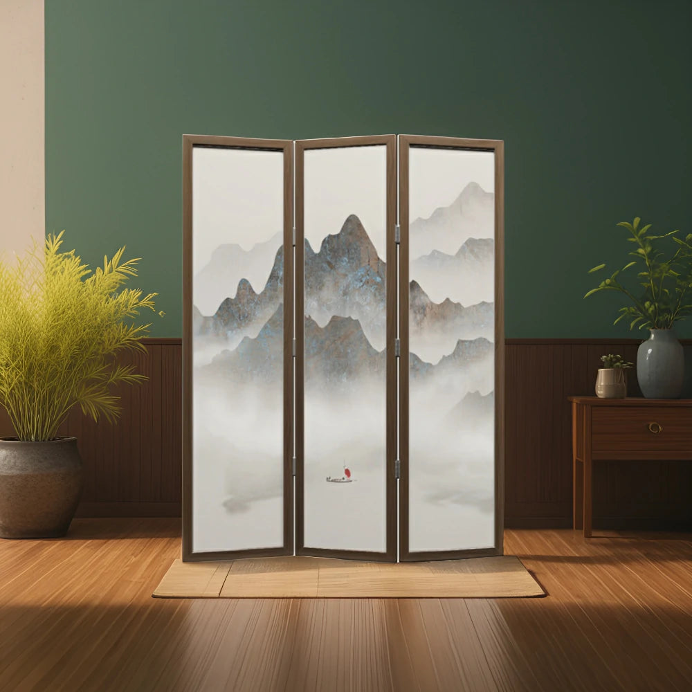 LIVARA 3-Panel Folding Landscape Painting Room Divider Solid Wood