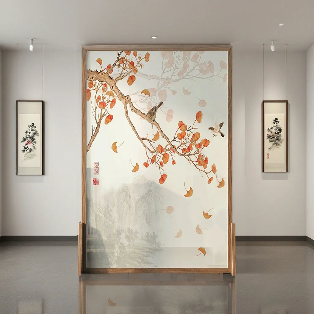 LIVARA Autumn Leaves Room Divider, Asian Style with Ash Wood & Mongolian Pine Wood, Suitable for Home Decoration