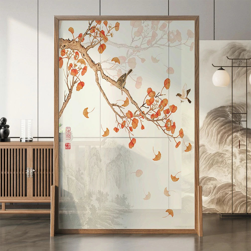 LIVARA Autumn Leaves Room Divider, Asian Style with Ash Wood & Mongolian Pine Wood, Suitable for Home Decoration