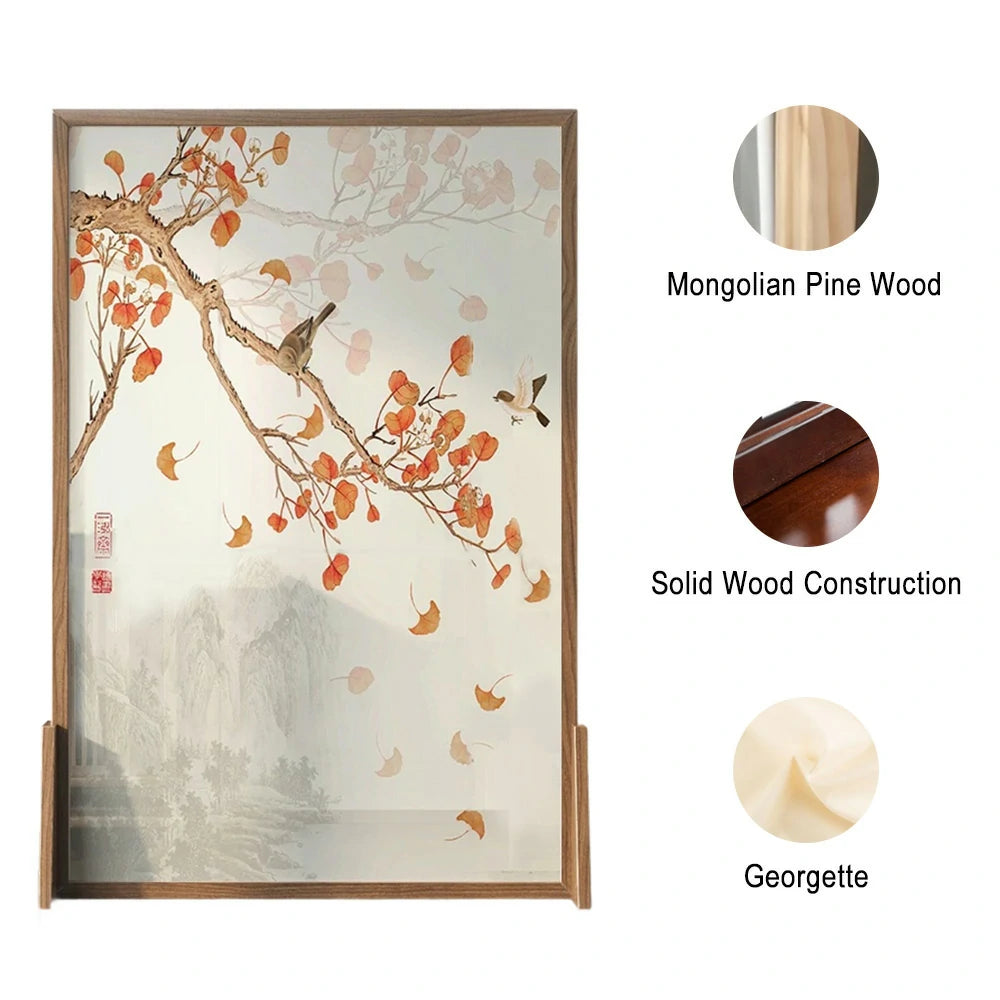 LIVARA Autumn Leaves Room Divider, Asian Style with Ash Wood & Mongolian Pine Wood, Suitable for Home Decoration