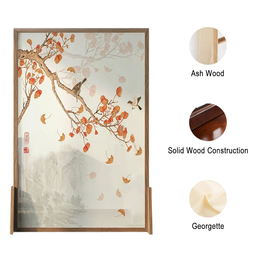 LIVARA Autumn Leaves Room Divider, Asian Style with Ash Wood & Mongolian Pine Wood, Suitable for Home Decoration