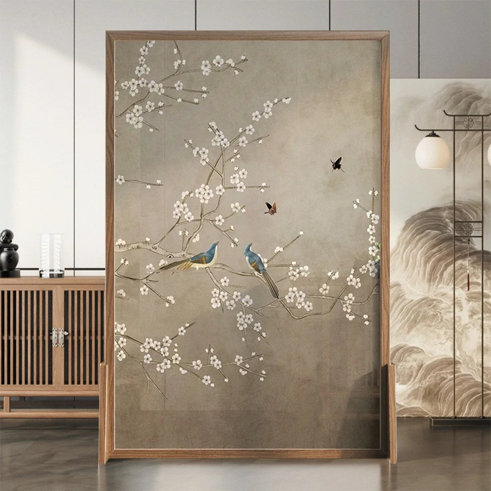 LIVARA Asian Style Solid Wood Room Divider, Plum Blossom & Bird Design,Ash Wood & Mongolian Pine Frame, Elegant Home Decor