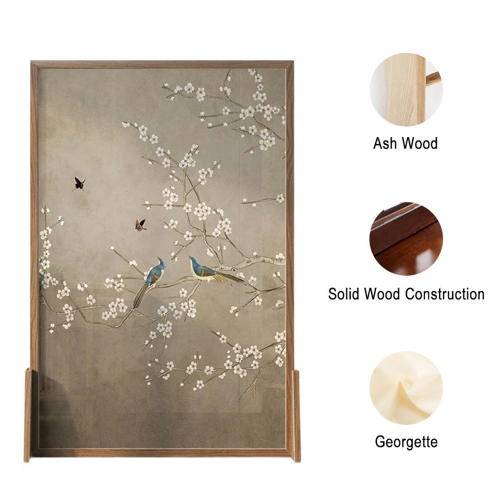 LIVARA Asian Style Solid Wood Room Divider, Plum Blossom & Bird Design,Ash Wood & Mongolian Pine Frame, Elegant Home Decor