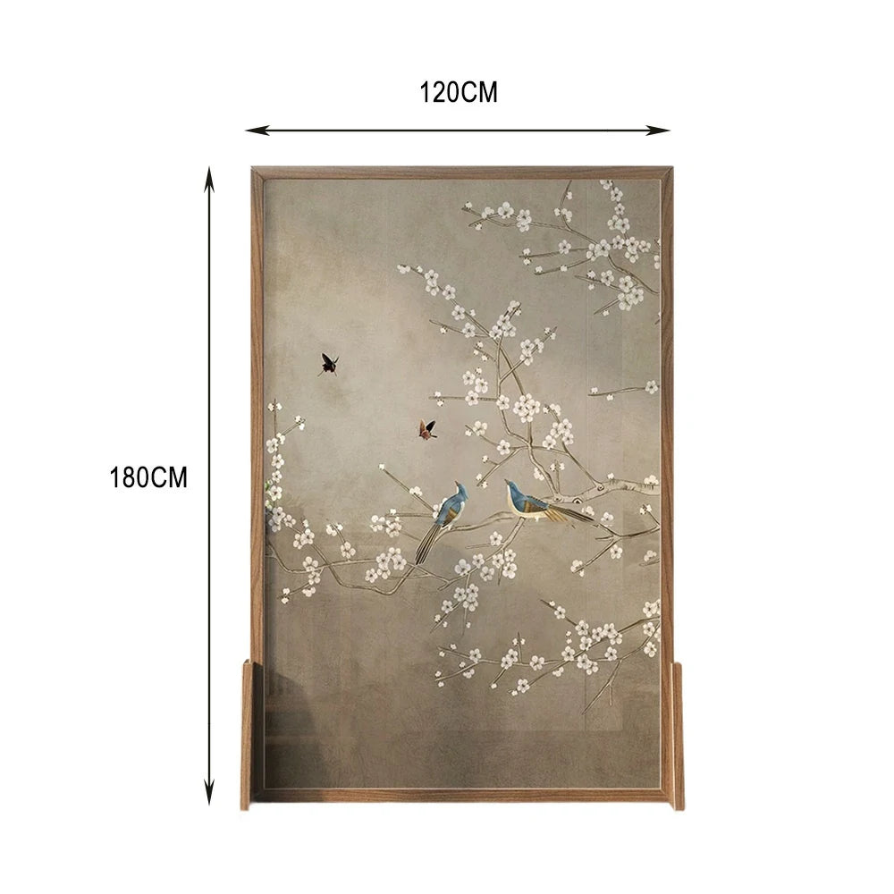 LIVARA Asian Style Solid Wood Room Divider, Plum Blossom & Bird Design,Ash Wood & Mongolian Pine Frame, Elegant Home Decor