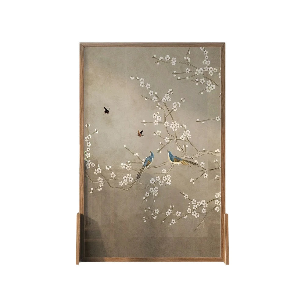 LIVARA Asian Style Solid Wood Room Divider, Plum Blossom & Bird Design,Ash Wood & Mongolian Pine Frame, Elegant Home Decor