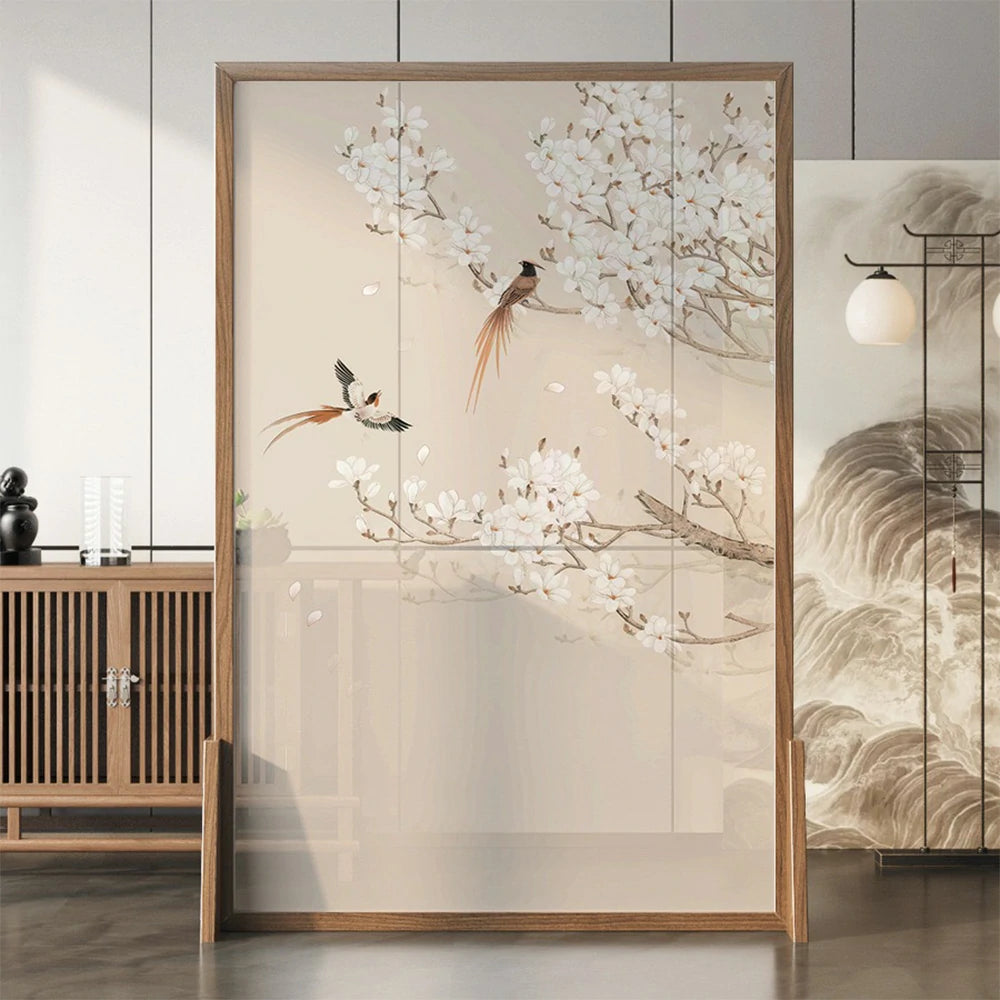LIVARA Oriental Style Solid Wood Room Divider, Plum Blossom & Bird Design, No Cutout, Ash Wood & Mongolian Pine Frame, Elegant Home Decor