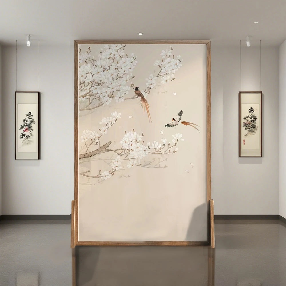 LIVARA Oriental Style Solid Wood Room Divider, Plum Blossom & Bird Design, No Cutout, Ash Wood & Mongolian Pine Frame, Elegant Home Decor