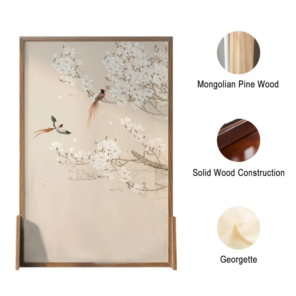 LIVARA Oriental Style Solid Wood Room Divider, Plum Blossom & Bird Design, No Cutout, Ash Wood & Mongolian Pine Frame, Elegant Home Decor