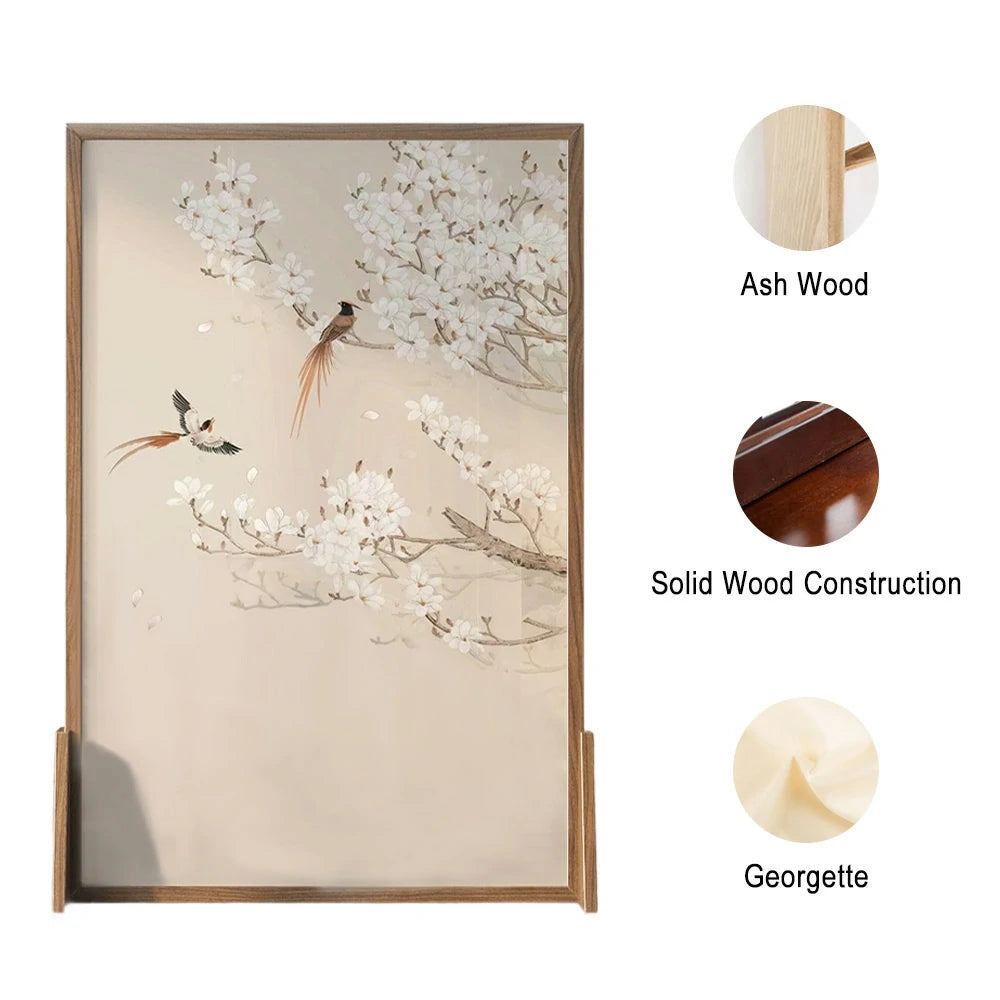 LIVARA Oriental Style Solid Wood Room Divider, Plum Blossom & Bird Design, No Cutout, Ash Wood & Mongolian Pine Frame, Elegant Home Decor