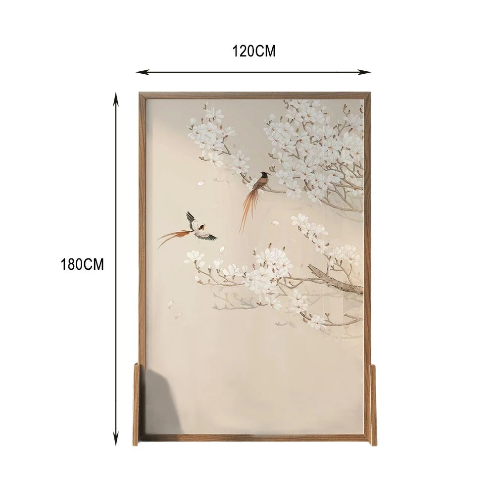 LIVARA Oriental Style Solid Wood Room Divider, Plum Blossom & Bird Design, No Cutout, Ash Wood & Mongolian Pine Frame, Elegant Home Decor