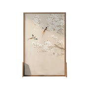 LIVARA Oriental Style Solid Wood Room Divider, Plum Blossom & Bird Design, No Cutout, Ash Wood & Mongolian Pine Frame, Elegant Home Decor