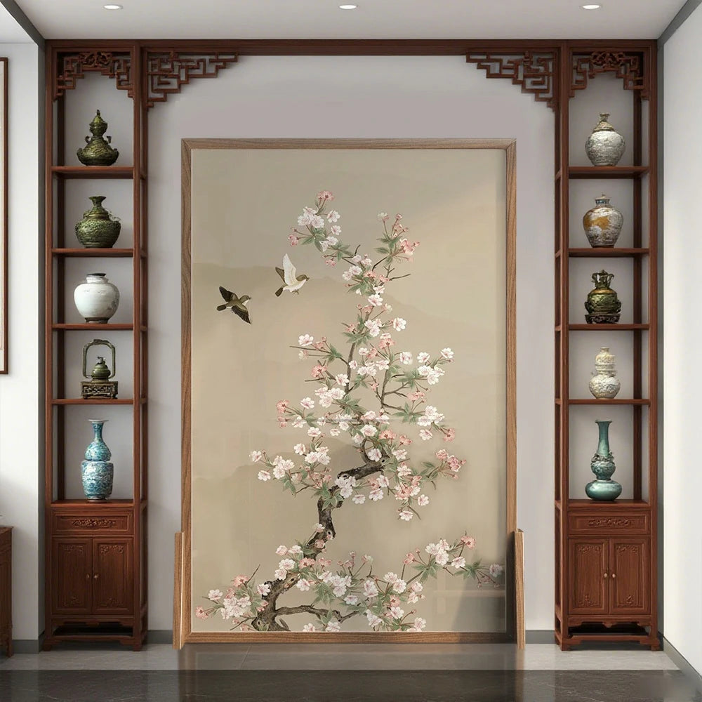 LIVARA Asian Style Solid Wood Room Divider, Floral & Bird Design, No Cutout, Ash Wood & Mongolian Pine Frame, Elegant Home Decor