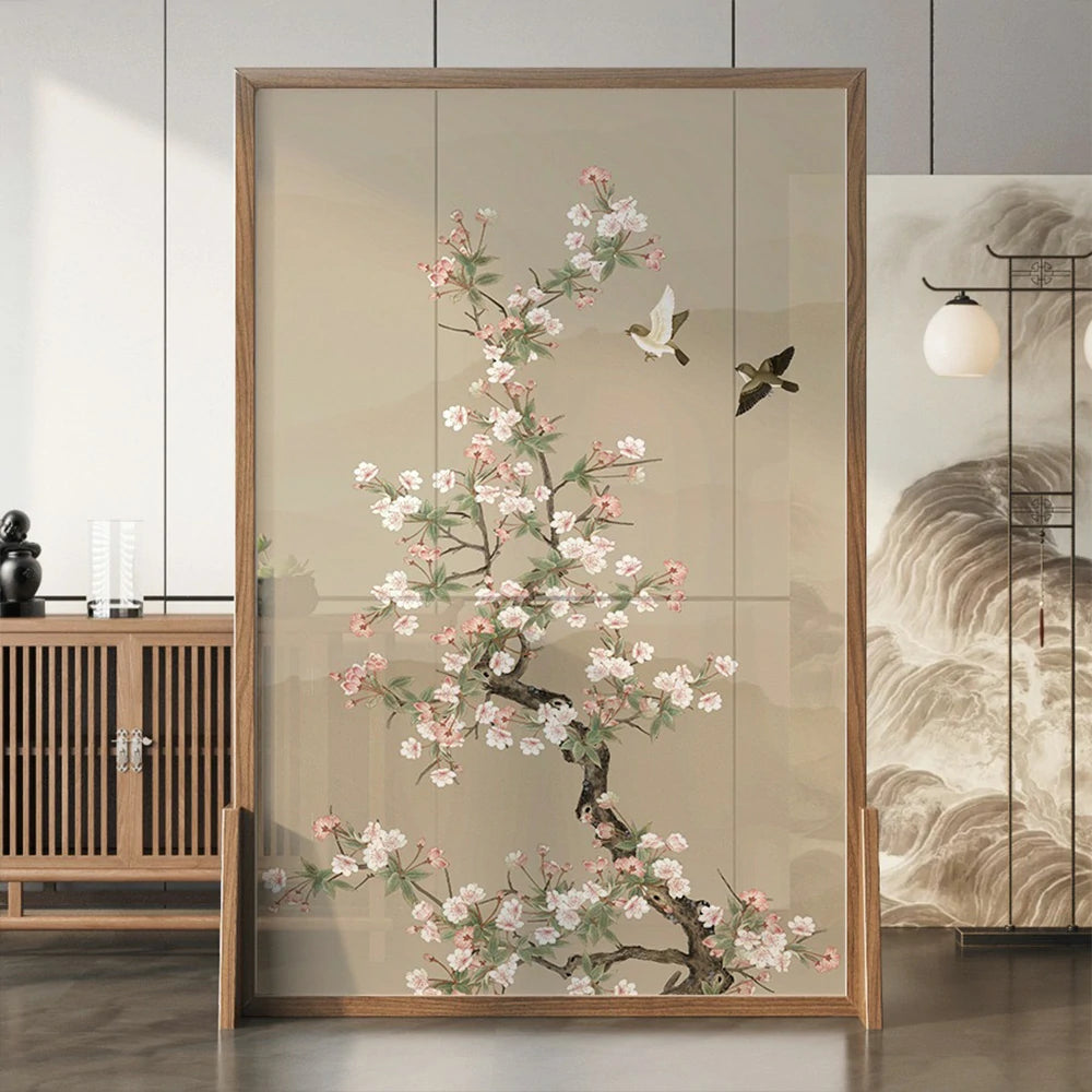 LIVARA Asian Style Solid Wood Room Divider, Floral & Bird Design, No Cutout, Ash Wood & Mongolian Pine Frame, Elegant Home Decor