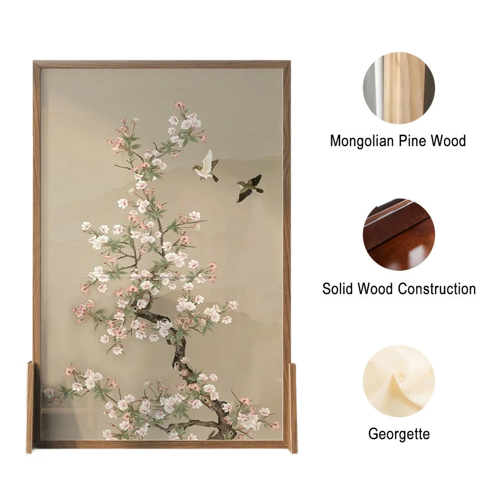 LIVARA Asian Style Solid Wood Room Divider, Floral & Bird Design, No Cutout, Ash Wood & Mongolian Pine Frame, Elegant Home Decor